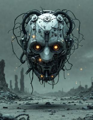 The primary subject of the image is a futuristic robot head with a silver and black color scheme. The robot head is surrounded by a dark, moody environment, which adds to the overall atmosphere of the image. The visual style of the image is a combination of digital art and illustration, creating a unique and intriguing scene.